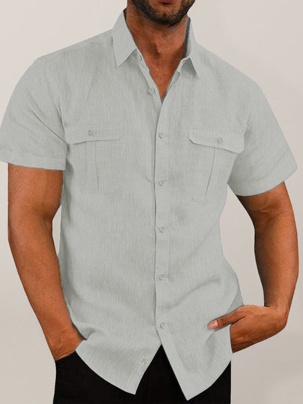 Men's Short Sleeve Cotton Linen Shirt Double Pocket Casual Vacation