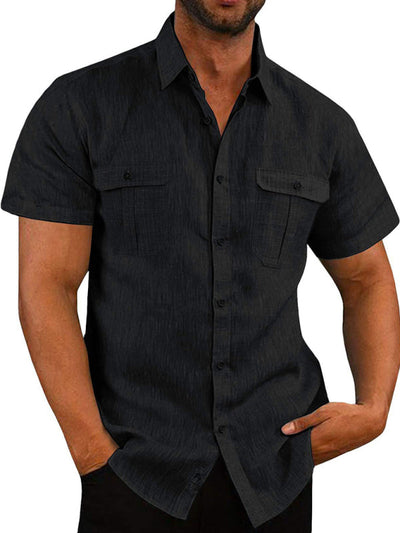 Men's Short Sleeve Cotton Linen Shirt Double Pocket Casual Vacation