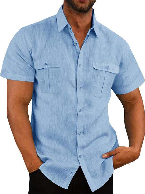 Men's Short Sleeve Cotton Linen Shirt Double Pocket Casual Vacation