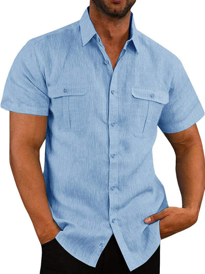 Men's Short Sleeve Cotton Linen Shirt Double Pocket Casual Vacation