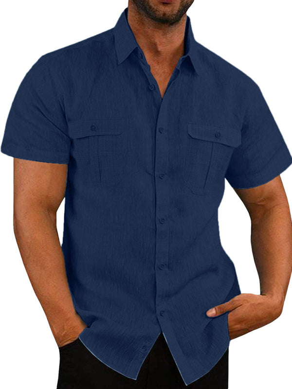 Men's Short Sleeve Cotton Linen Shirt Double Pocket Casual Vacation
