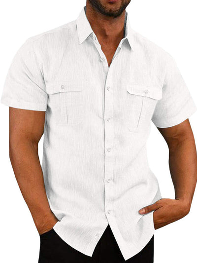 Men's Short Sleeve Cotton Linen Shirt Double Pocket Casual Vacation