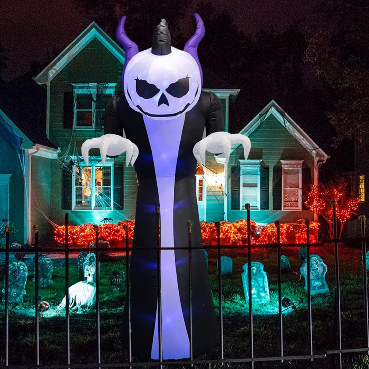 Giant Inflatable Ghost Decoration With Horns And Flame Projection