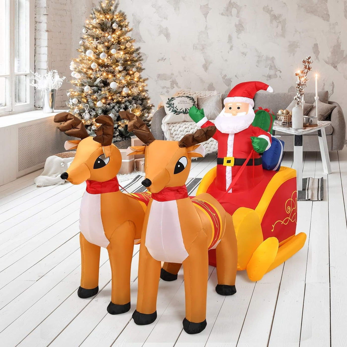 Inflatable Santa Claus Christmas Decor Sleigh With Reindeer Holiday Display