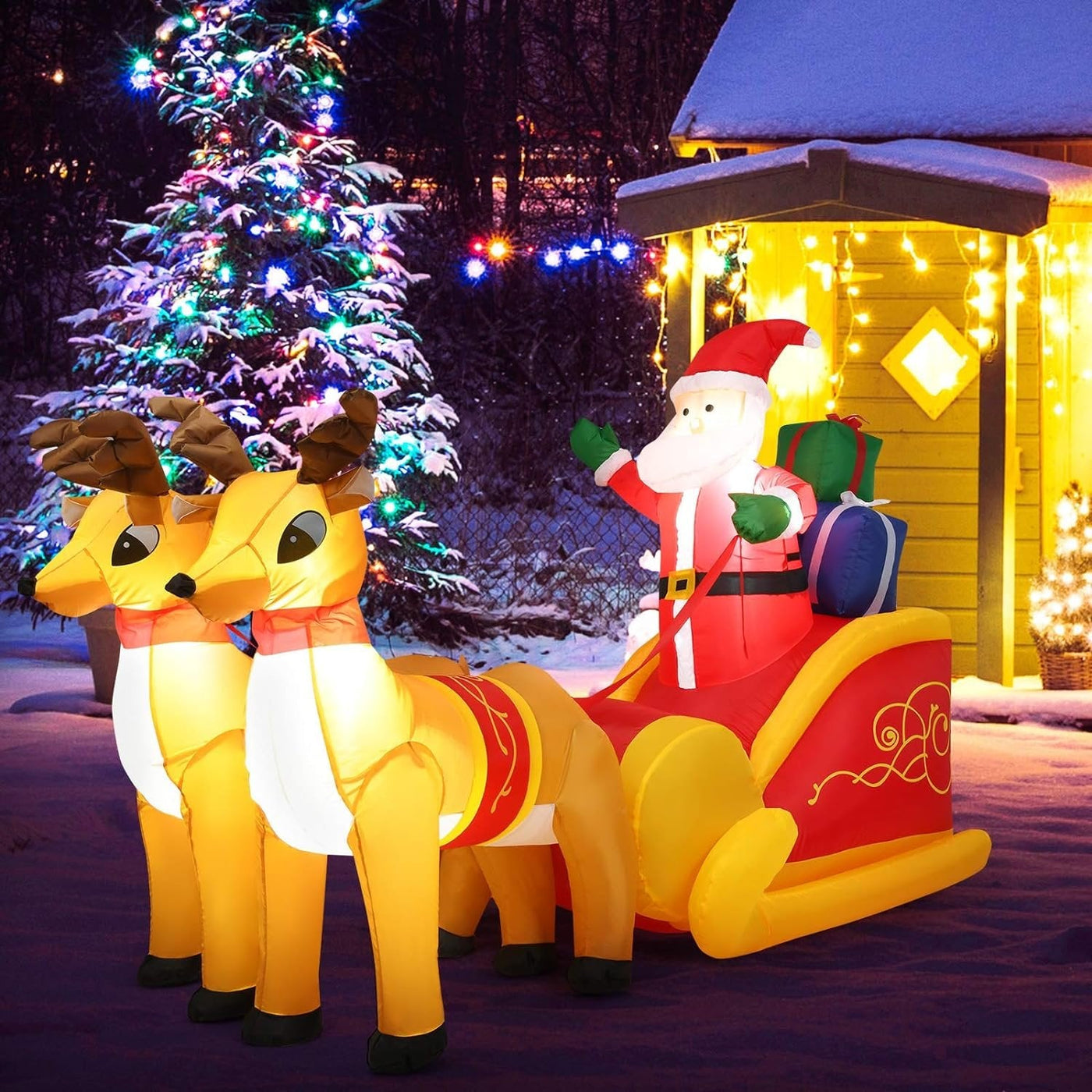 Inflatable Santa Claus Christmas Decor Sleigh With Reindeer Holiday Display
