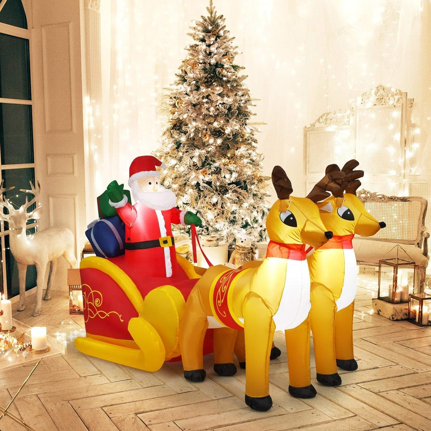 Inflatable Santa Claus Christmas Decor Sleigh With Reindeer Holiday Display