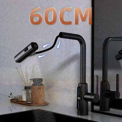 Digital Display Kitchen Faucet Pull-out 360 Degree Swivel Waterfall Tap