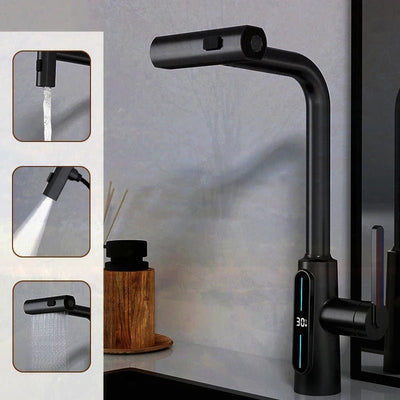 Digital Display Kitchen Faucet Pull-out 360 Degree Swivel Waterfall Tap