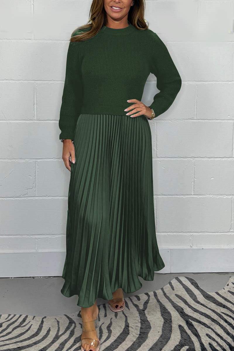 Women's Long Sleeve Jumper Dress With Pleated Bottom Solid Color