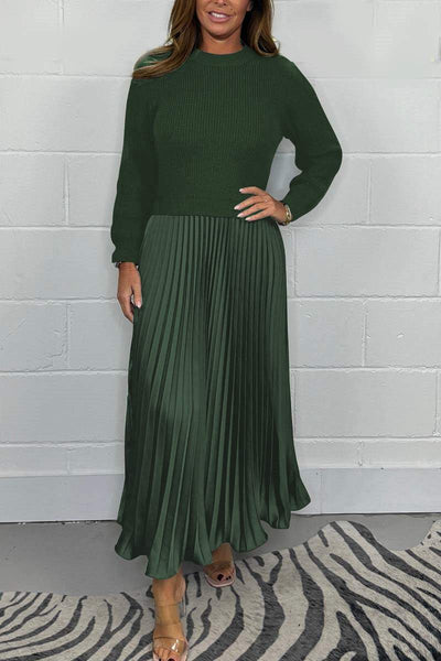 Women's Long Sleeve Jumper Dress With Pleated Bottom Solid Color