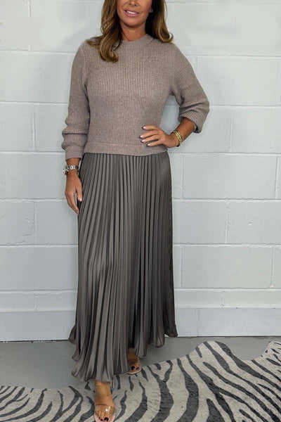 Women's Long Sleeve Jumper Dress With Pleated Bottom Solid Color