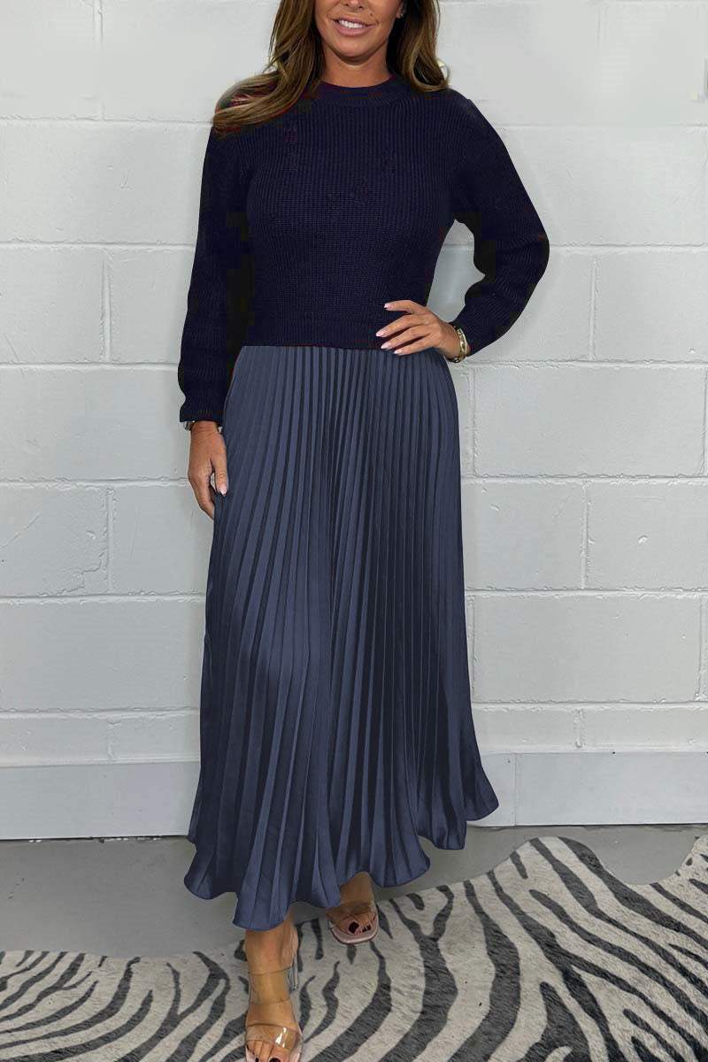 Women's Long Sleeve Jumper Dress With Pleated Bottom Solid Color