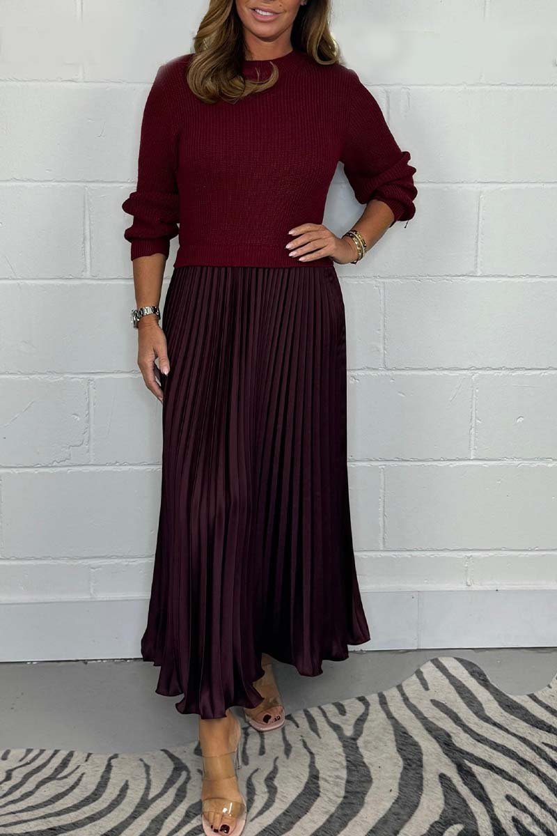 Women's Long Sleeve Jumper Dress With Pleated Bottom Solid Color