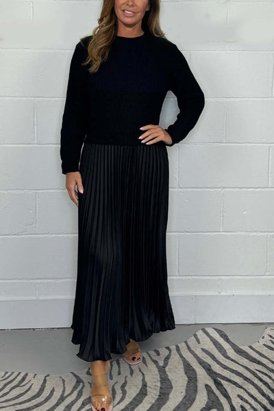 Women's Long Sleeve Jumper Dress With Pleated Bottom Solid Color