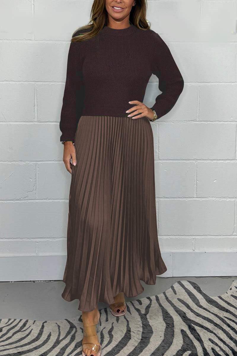 Women's Long Sleeve Jumper Dress With Pleated Bottom Solid Color