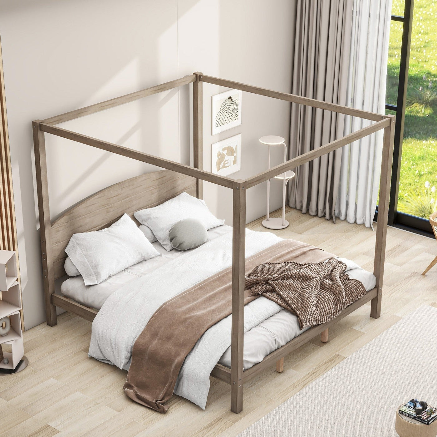 King Size Canopy Bed With Headboard And Support Legs Platform