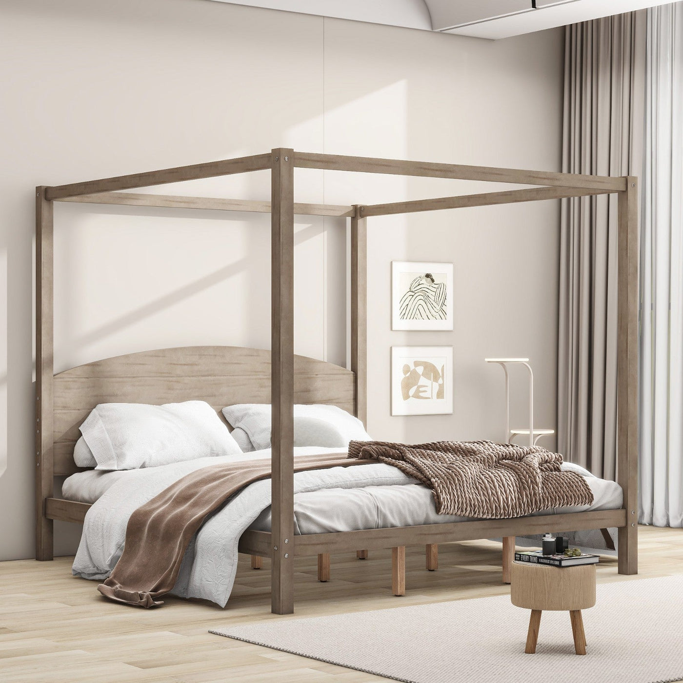 King Size Canopy Bed With Headboard And Support Legs Platform