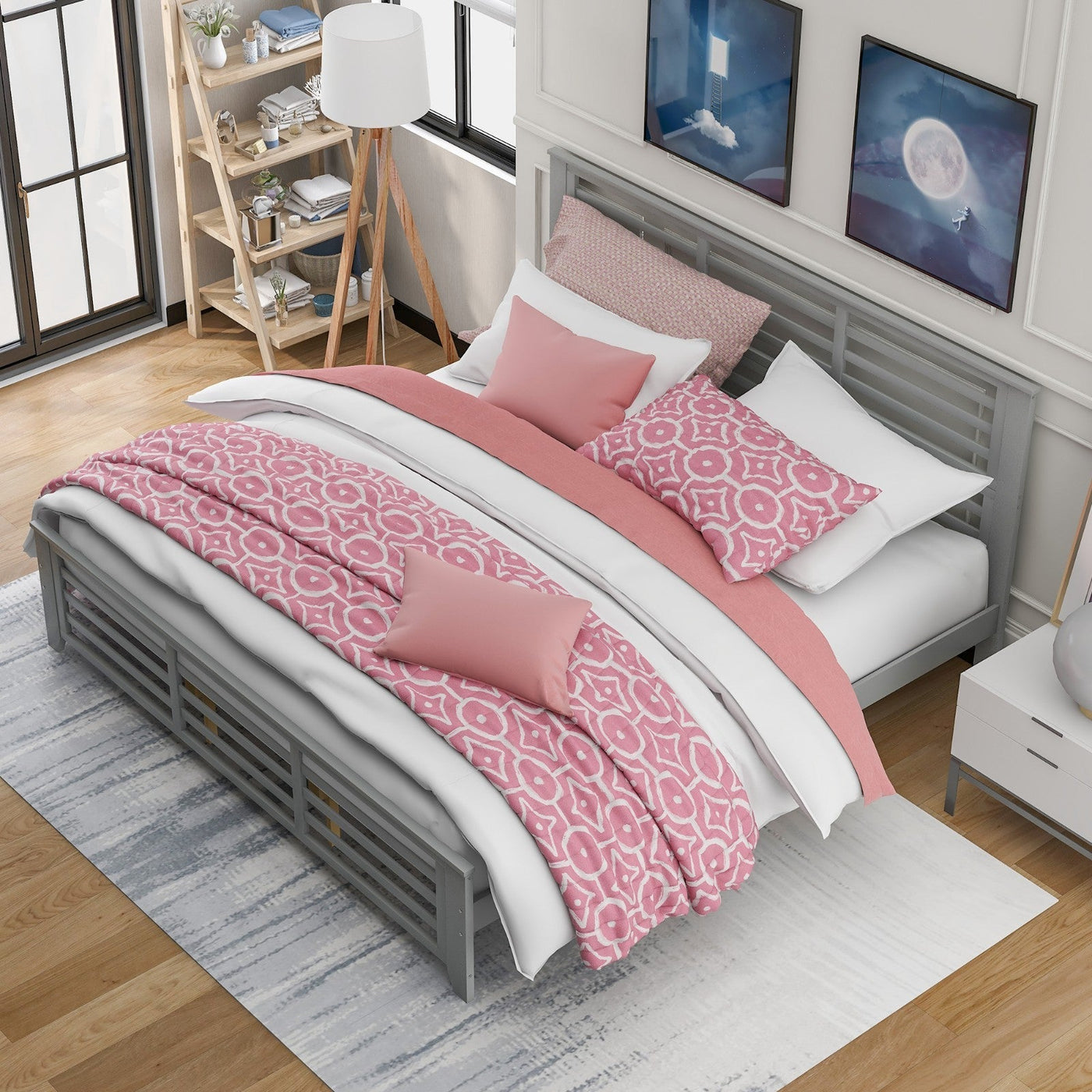 King Size Platform Bed With Modern Horizontal Strip Design