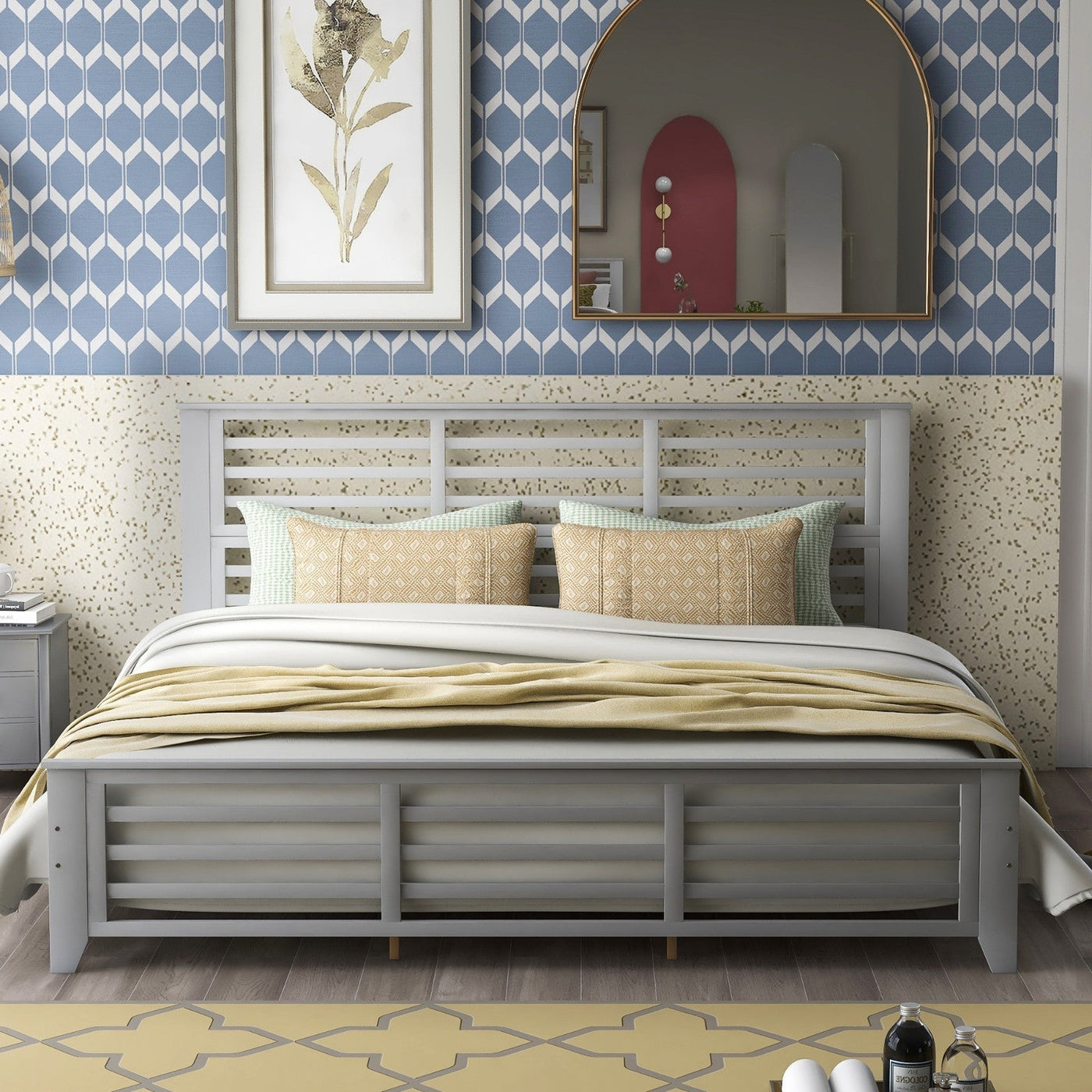 King Size Platform Bed With Modern Horizontal Strip Design