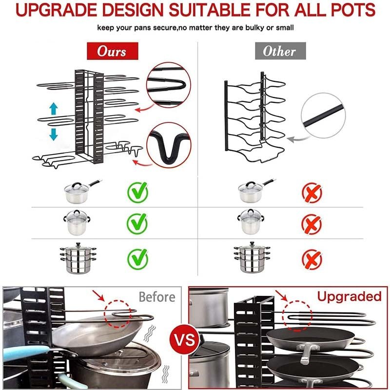 Kitchen Pan Organizer With 8 Adjustable Non Slip Storage Tiers
