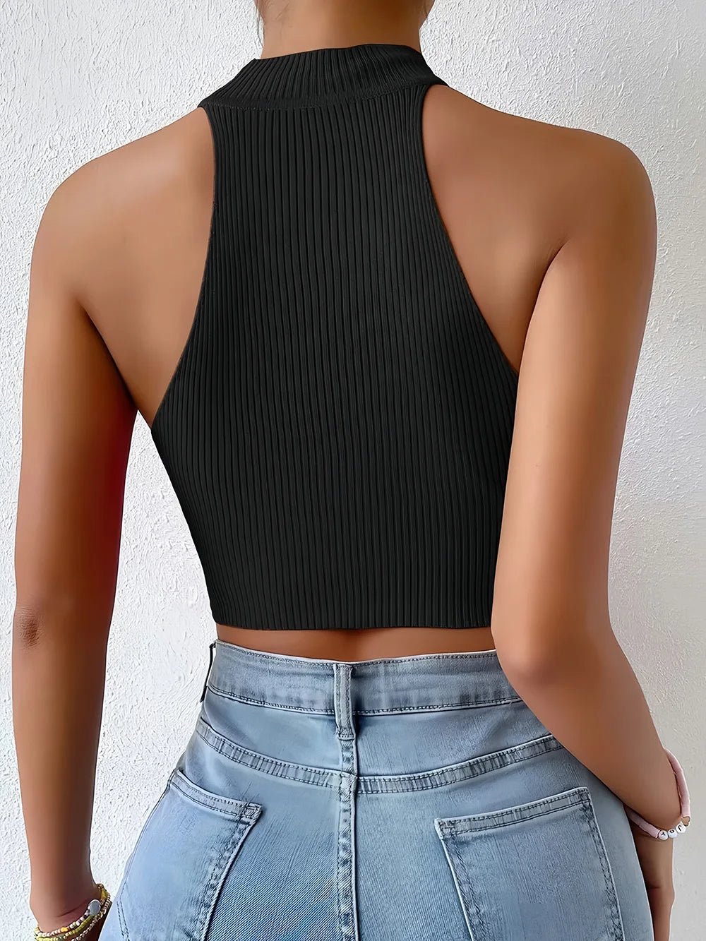 Knit Sleeveless Halter Top Slim-Fit Ribbed Crop High Neck Design