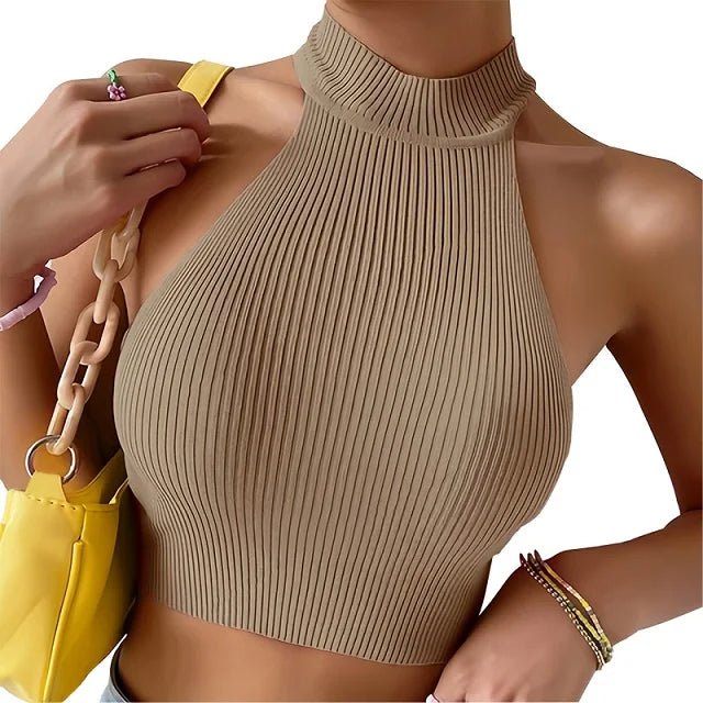 Knit Sleeveless Halter Top Slim-Fit Ribbed Crop High Neck Design
