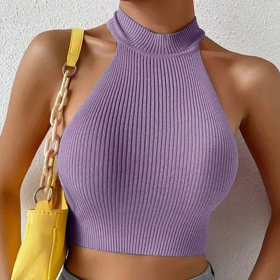 Knit Sleeveless Halter Top Slim-Fit Ribbed Crop High Neck Design