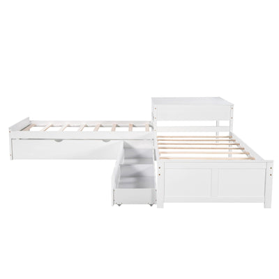 L-shaped Platform Bed With Trundle Drawers And Built-in Desk Twin