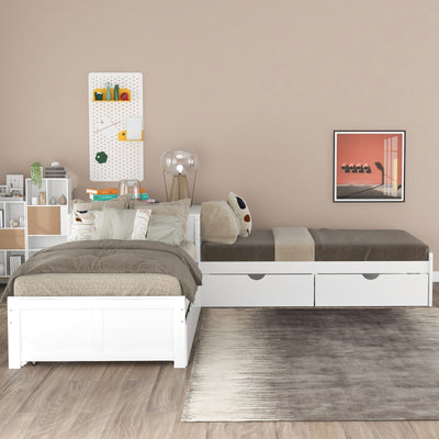 L-shaped Platform Bed With Trundle Drawers And Built-in Desk Twin