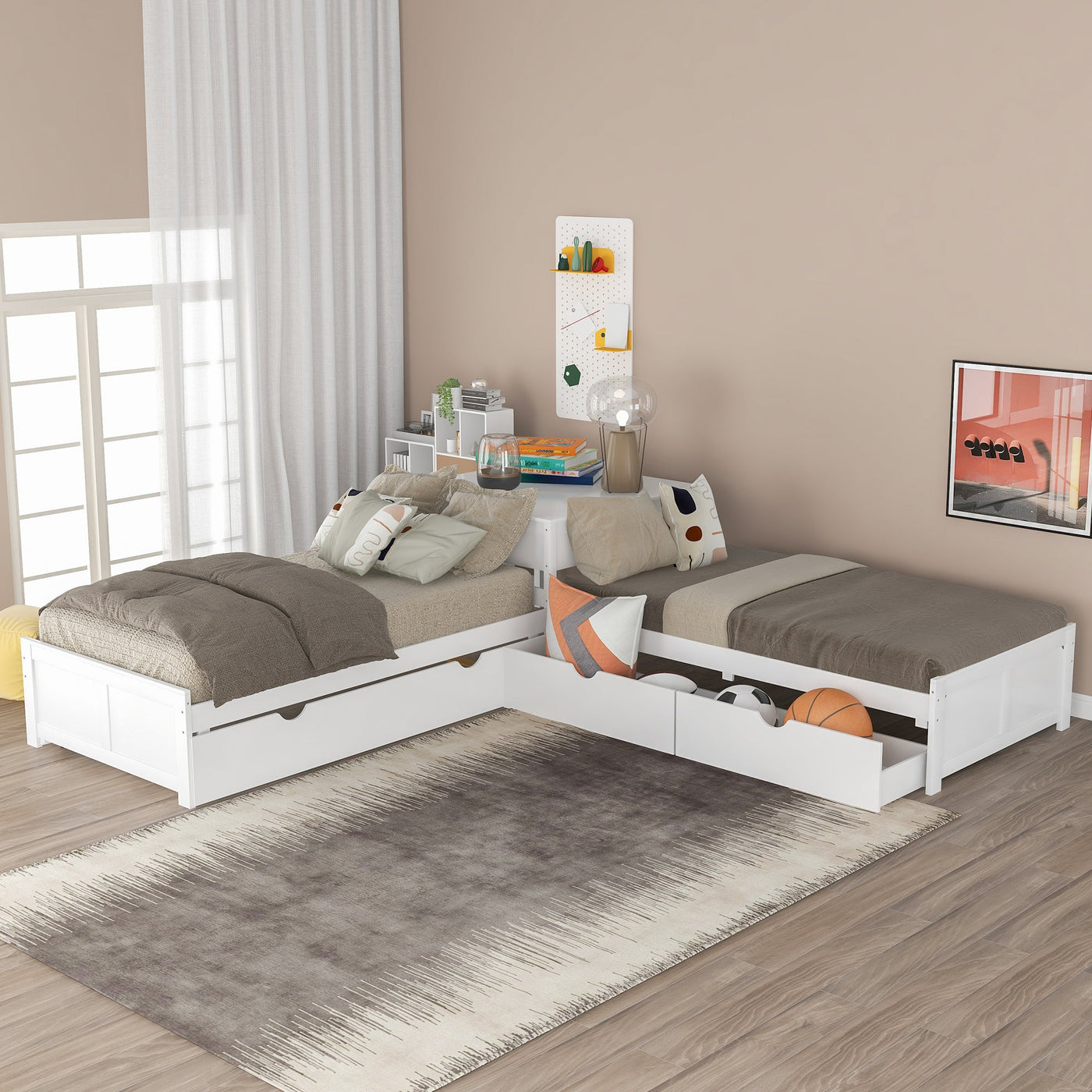 L-shaped Platform Bed With Trundle Drawers And Built-in Desk Twin