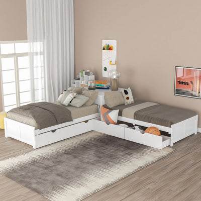 L-shaped Platform Bed With Trundle Drawers And Built-in Desk Twin