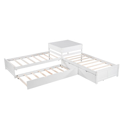 L-shaped Platform Bed With Trundle Drawers And Built-in Desk Twin