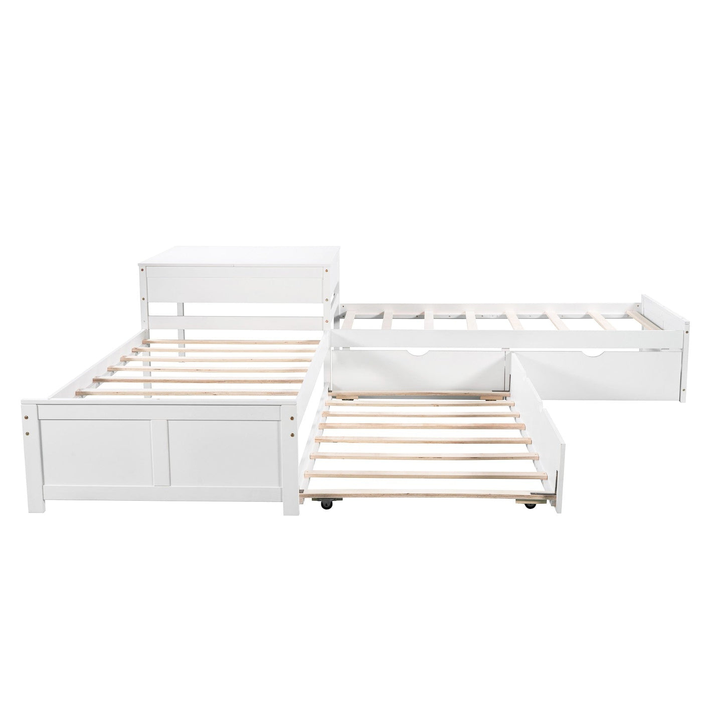 L-shaped Platform Bed With Trundle Drawers And Built-in Desk Twin