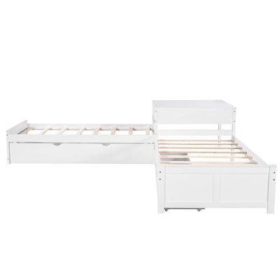 L-shaped Platform Bed With Trundle Drawers And Built-in Desk Twin