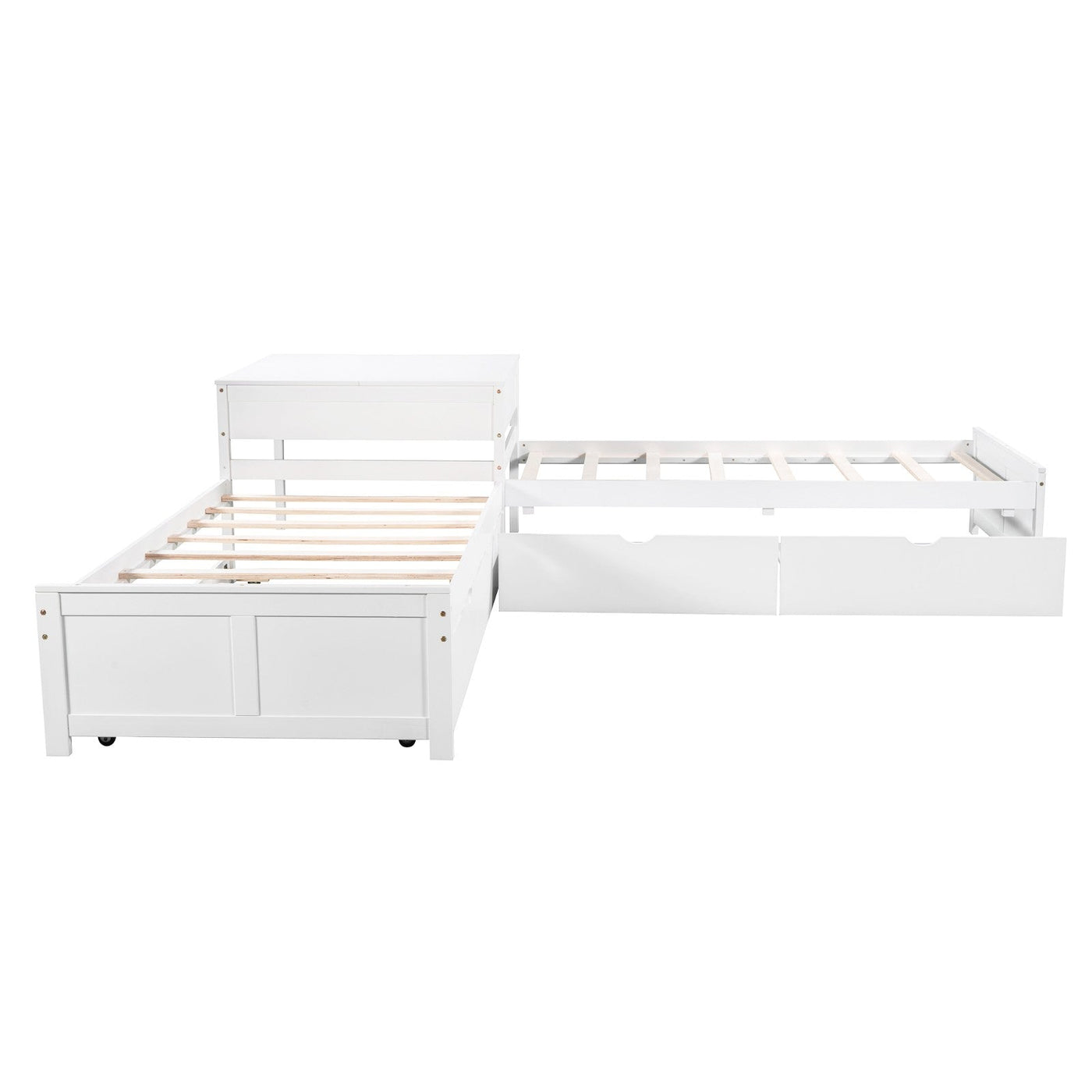 L-shaped Platform Bed With Trundle Drawers And Built-in Desk Twin