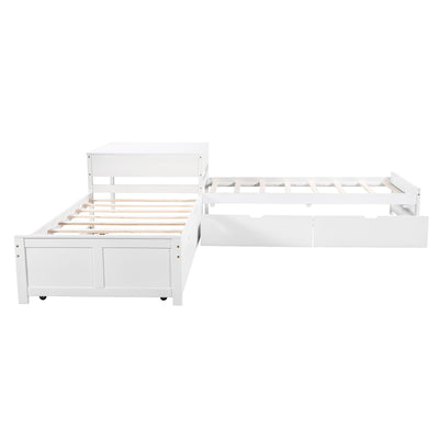 L-shaped Platform Bed With Trundle Drawers And Built-in Desk Twin