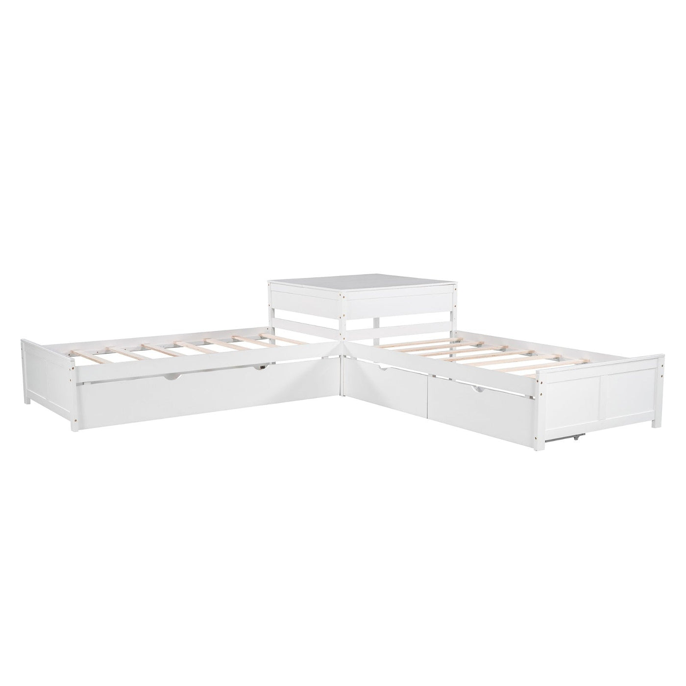 L-shaped Platform Bed With Trundle Drawers And Built-in Desk Twin