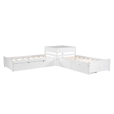 L-shaped Platform Bed With Trundle Drawers And Built-in Desk Twin