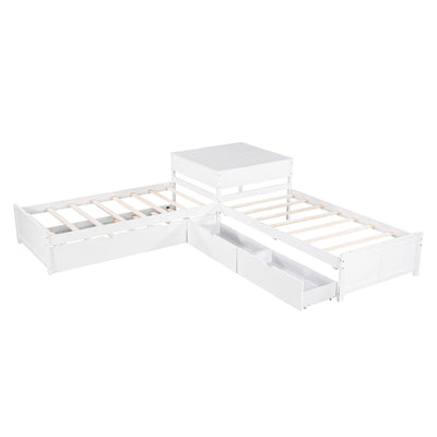 L-shaped Platform Bed With Trundle Drawers And Built-in Desk Twin