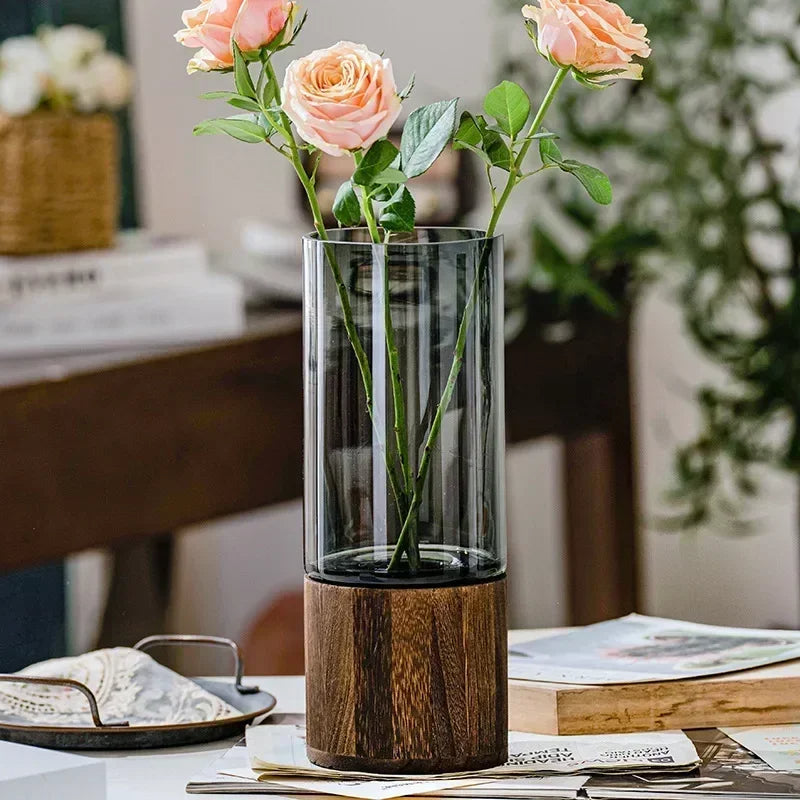 Minimalist Glass Vase With Wooden Base Elegant Hydroponic Planter