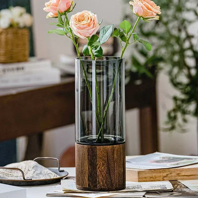 Minimalist Glass Vase With Wooden Base Elegant Hydroponic Planter