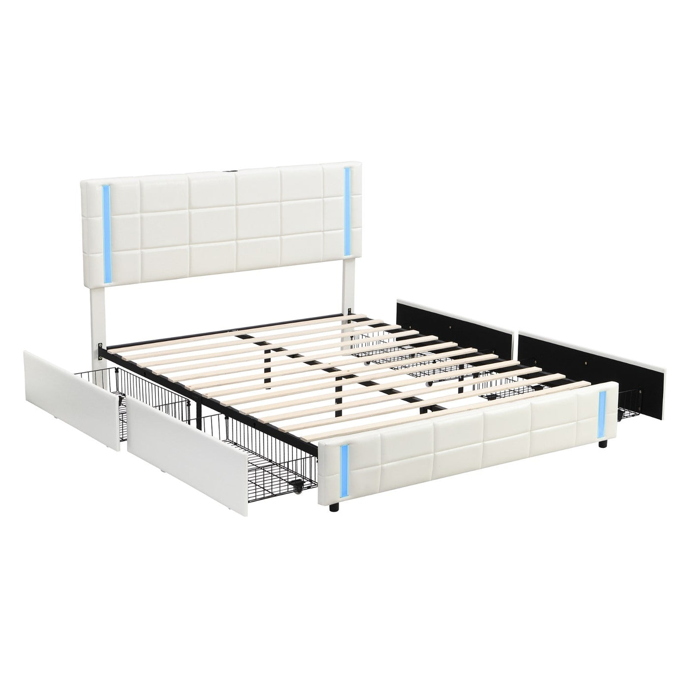 LED Bed Frame Queen Size Upholstered Platform Bed With Storage Drawers