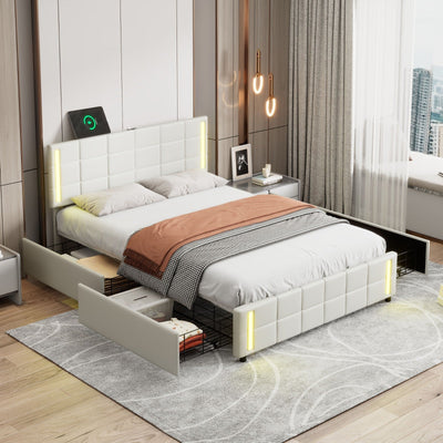 LED Bed Frame Queen Size Upholstered Platform Bed With Storage Drawers