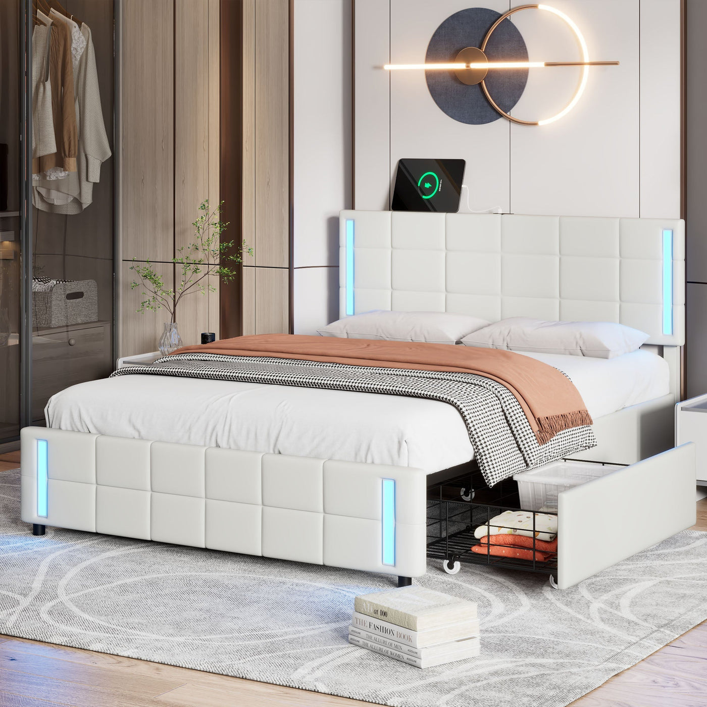 LED Bed Frame Queen Size Upholstered Platform Bed With Storage Drawers