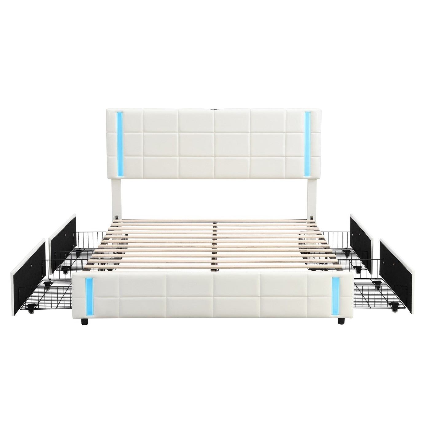 LED Bed Frame Queen Size Upholstered Platform Bed With Storage Drawers
