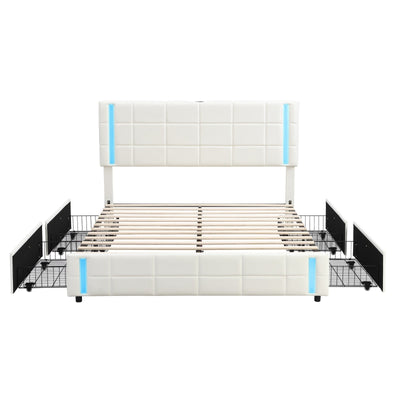 LED Bed Frame Queen Size Upholstered Platform Bed With Storage Drawers