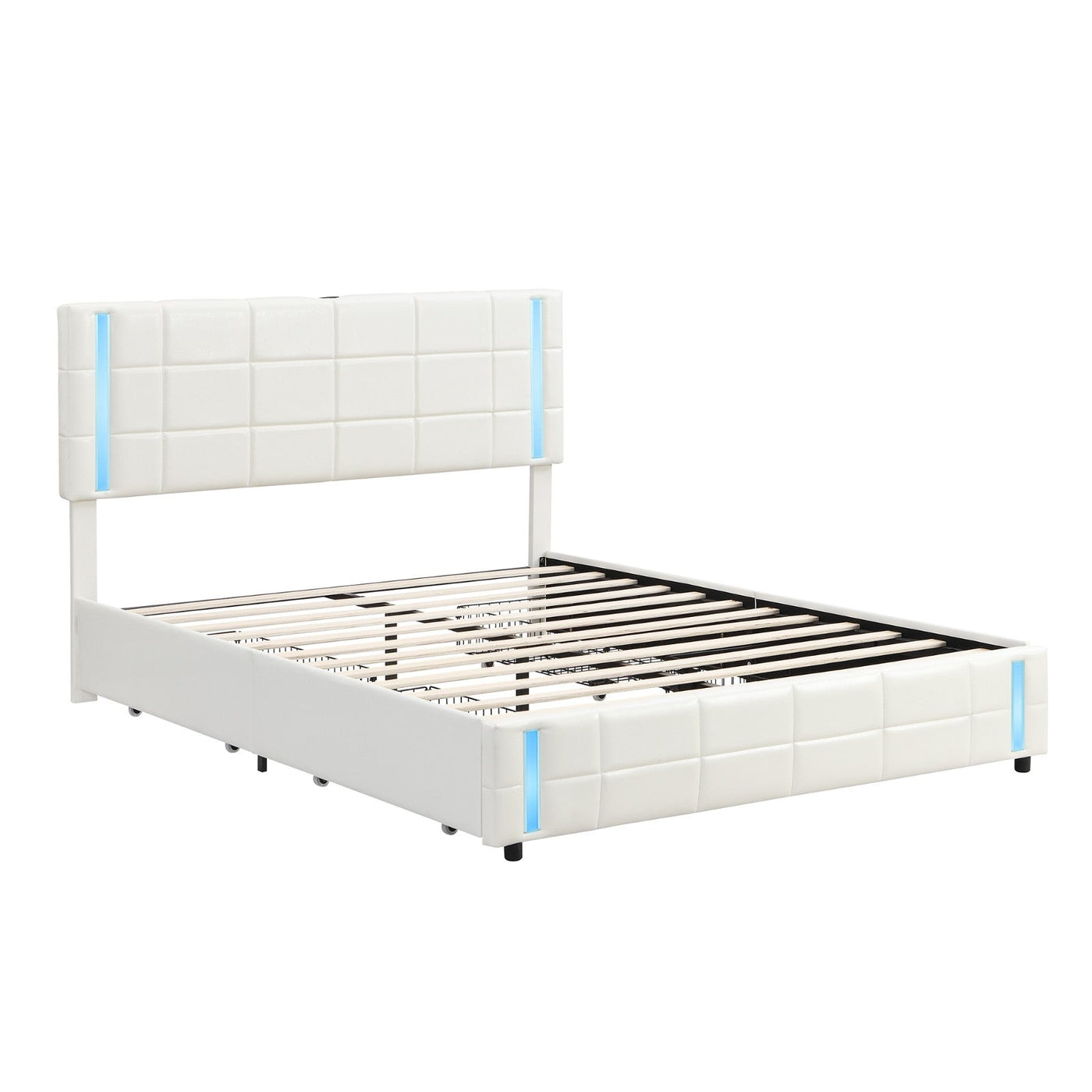 LED Bed Frame Queen Size Upholstered Platform Bed With Storage Drawers