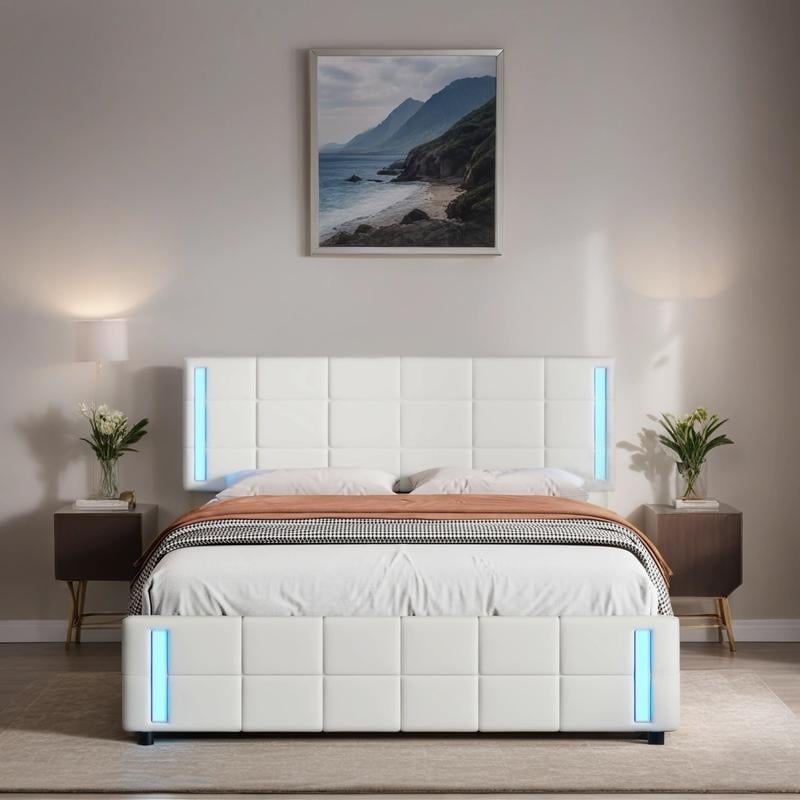 LED Bed Frame Queen Size Upholstered Platform Bed With Storage Drawers