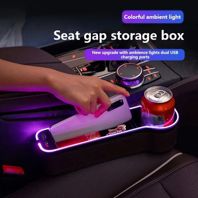 LED Car Seat Gap Filler Organizer With RGB Lights USB Charger Cup Holder