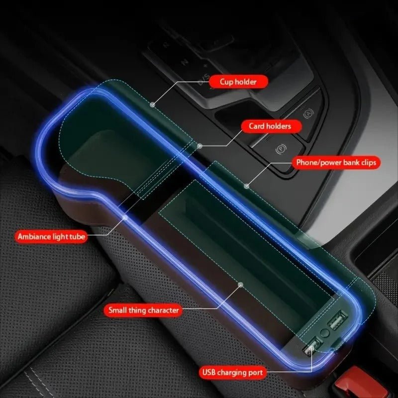 LED Car Seat Gap Filler Organizer With RGB Lights USB Charger Cup Holder